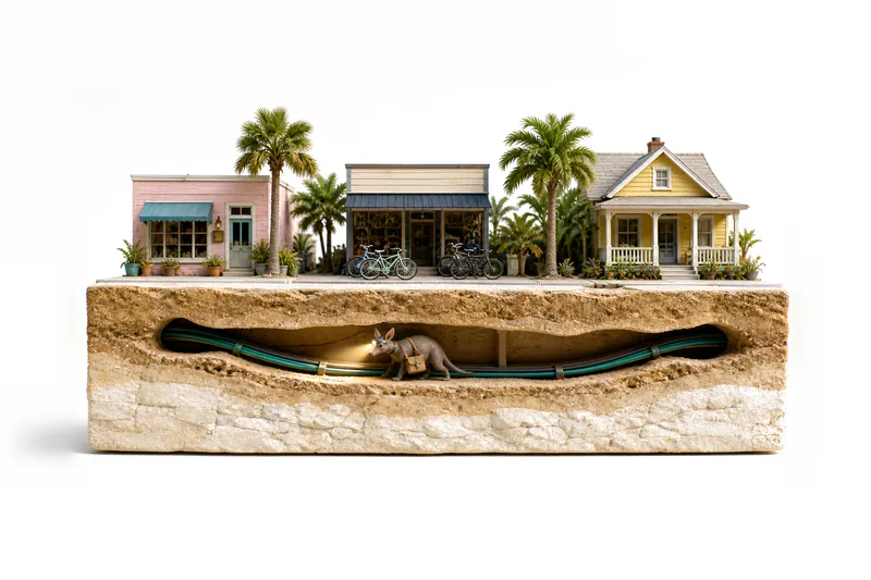 A miniature St. Pete street of a nonprofit, a bike shop and a home, joined underground by one cable tunnel where a small aardvark walks with its tool bag