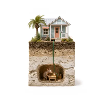 A cottage doorbell wired straight down to a small aardvark at an underground desk