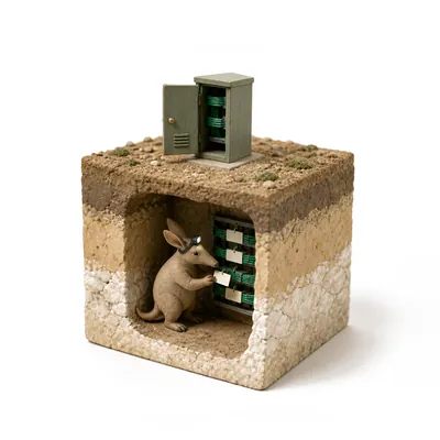 A miniature utility closet above a block of ground; below, a small aardvark labels neatly bundled green cables in a wall rack