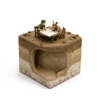 A person and a small aardvark figure looking over a plan of tunnels at a table
