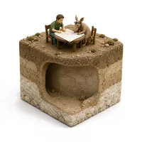 A person and a small aardvark figure looking over a plan of tunnels at a table