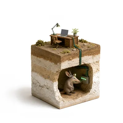 A small aardvark figure checking status lights in an underground chamber below a tidy desk