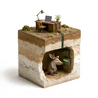 A small aardvark figure checking status lights in an underground chamber below a tidy desk