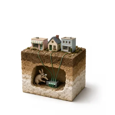 Three small buildings connected by cable tunnels to one central switch