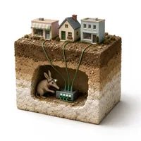 Three small buildings connected by cable tunnels to one central switch