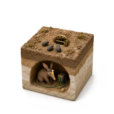 A burrow protected by a locked brass gate, with small beetles stuck outside