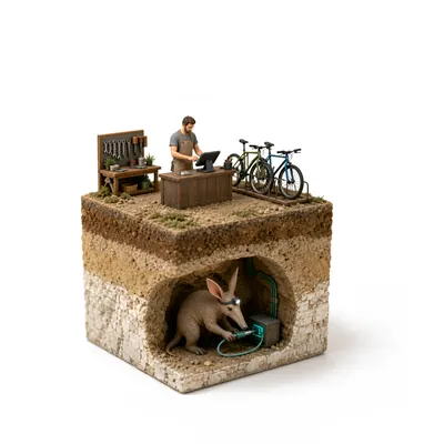 A miniature bike shop counter with its owner on top of a block of ground; below, a small aardvark connects a cable