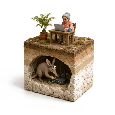 A miniature kitchen table where an older woman uses a laptop; below, a small aardvark adjusts the Wi-Fi router