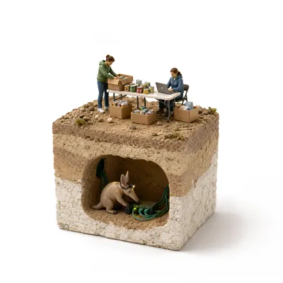 A miniature food pantry with volunteer figures on top of a block of ground; below, a small aardvark tidies their router