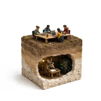 A miniature office table with a small team at laptops; below, a small aardvark keeps an eye on their equipment